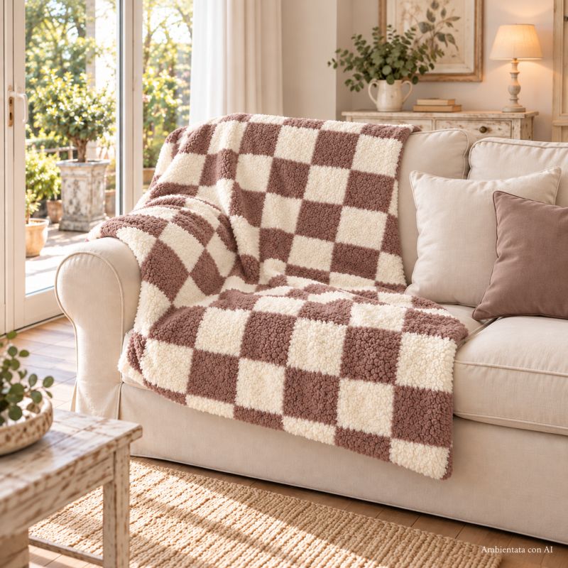 Plaid Sherpa Maxi Blanc Mariclò Supermorbido a Quadri Marroni 160x200 cm